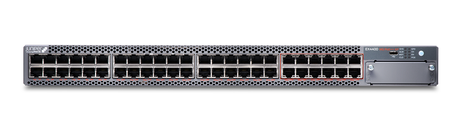 Juniper EX4400-48MXP - 48× 1/2.5/5/10GbE Multigigabit PoE++ Access Switch with 8× 100GbE QSFP28 Uplinks, Dual PSU, AFO/AFI Cooling Juniper EX4400-48MXP - 48× 1/2.5/5/10GbE Multigigabit PoE++ Access Switch with 8× 100GbE QSFP28 Uplinks, Dual PSU, AFO/AFI Cooling